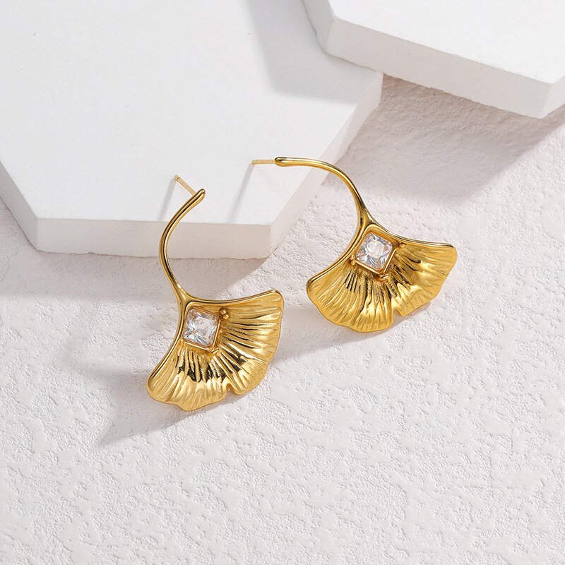 1 Pair Romantic Retro Style Ginkgo Leaf Shape Stainless Steel 14K Gold Plated Inlay Zircon Women's Dangle Earrings h5 